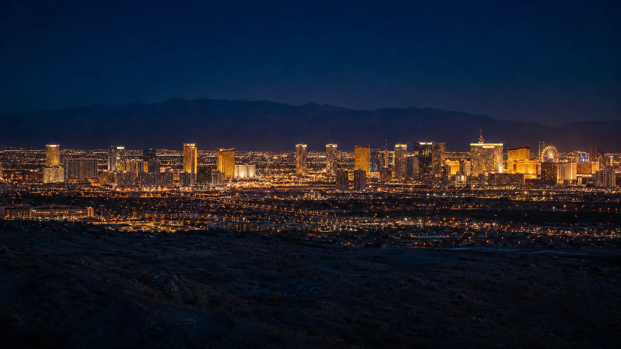 Representative illustration of the Las Vegas skyline glowing at blue hour beneath the desert mountains
