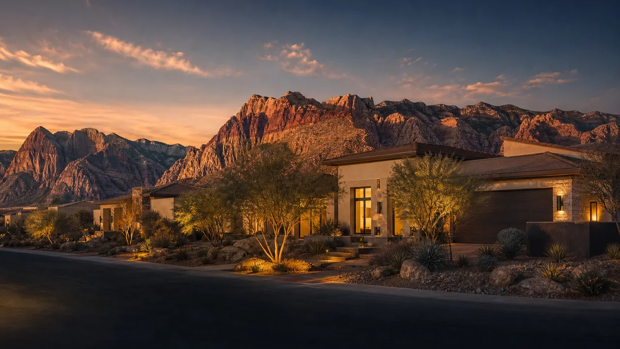 Representative illustration of a Summerlin neighborhood beneath the Red Rock Canyon mountains