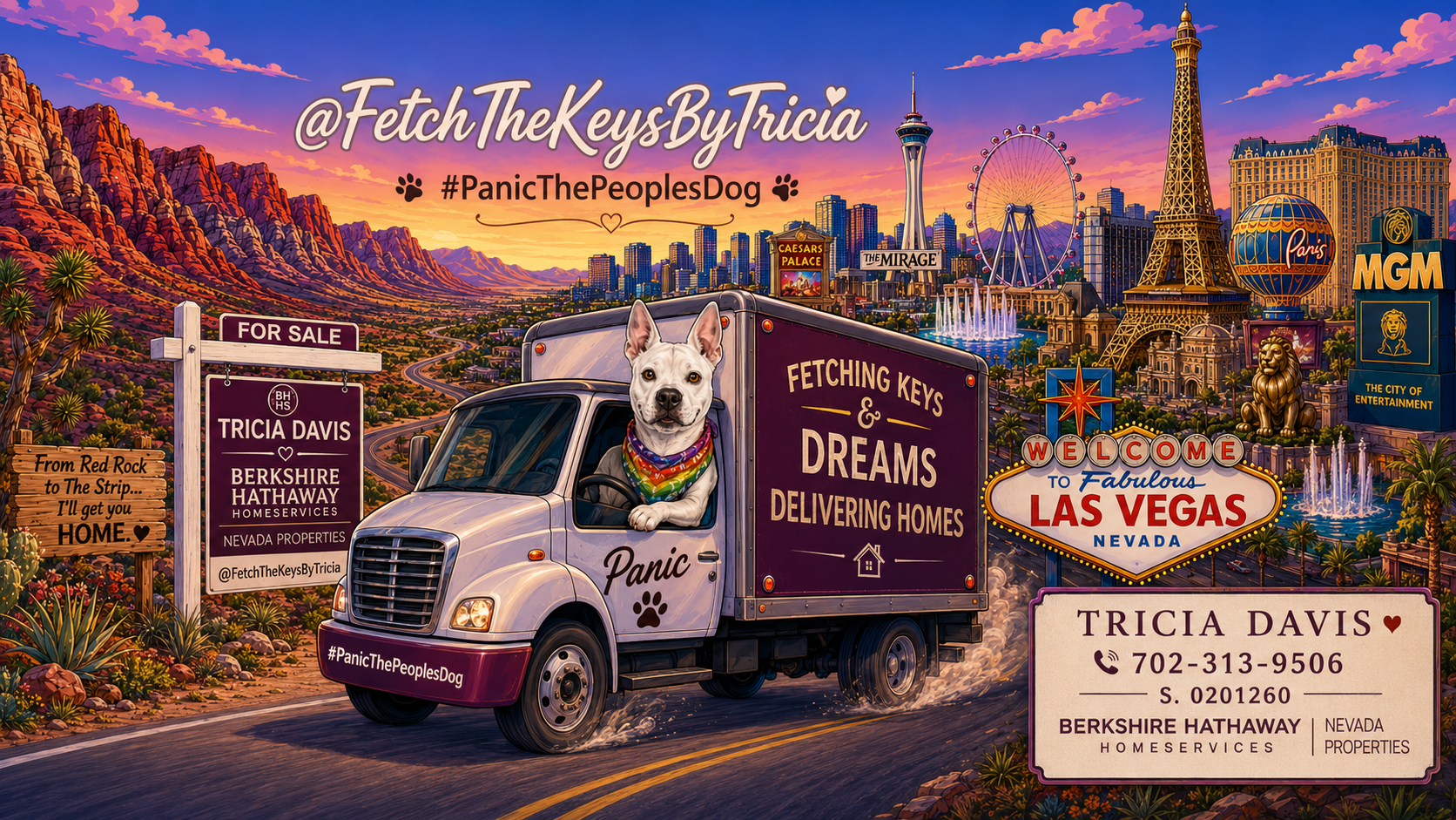 Fetch The Keys by Tricia Las Vegas artwork with Tricia, her dog, and contact information